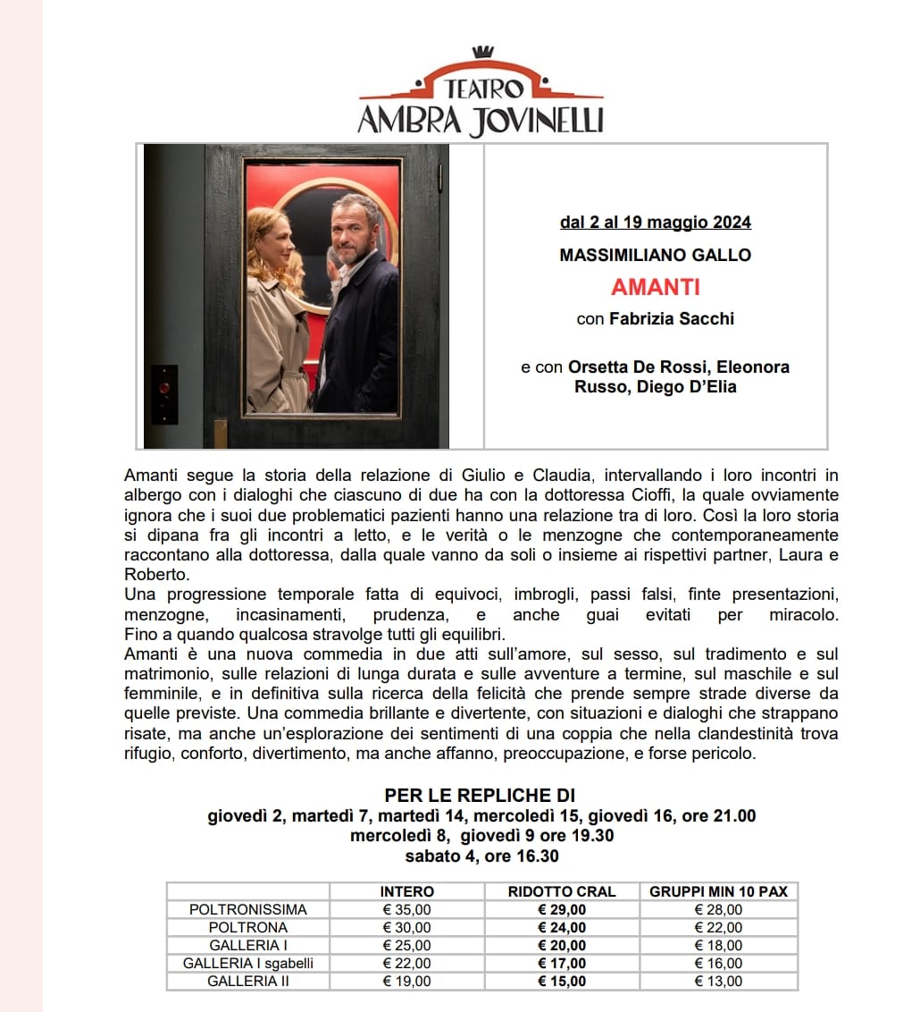 Amanti. Teatro Jovinelli - dal 02 al 19 maggio 2024