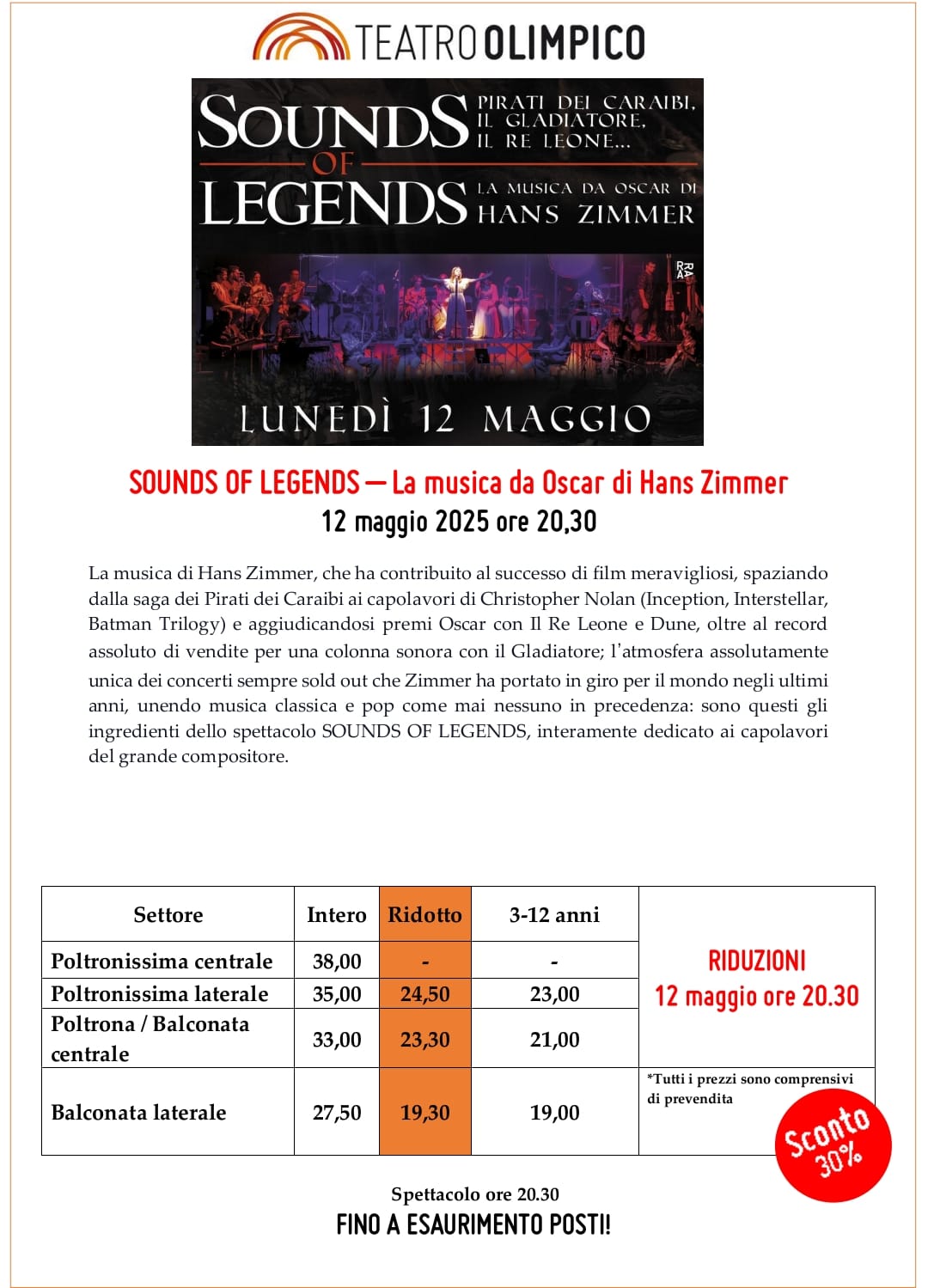 SOUNDS of LEGENDS - Musiche di Hans Zimmer TEATRO OLIMPICO