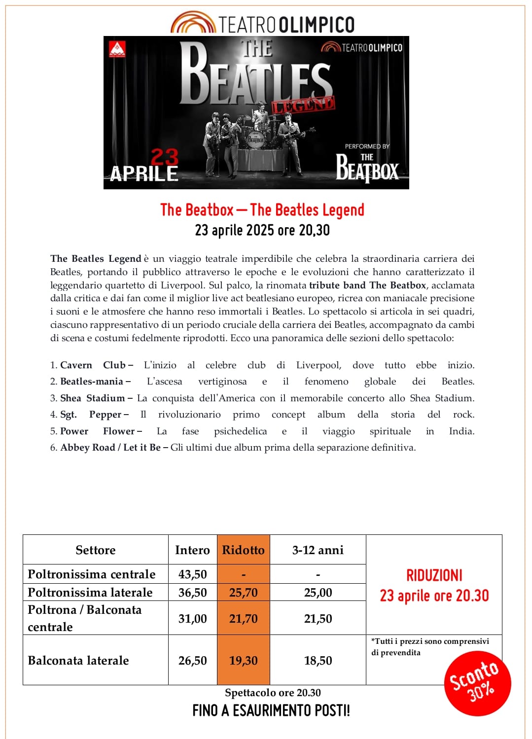 THE BEATLES Legend - The Beatbox - 23 Aprile al TEATRO OLIMPICO
