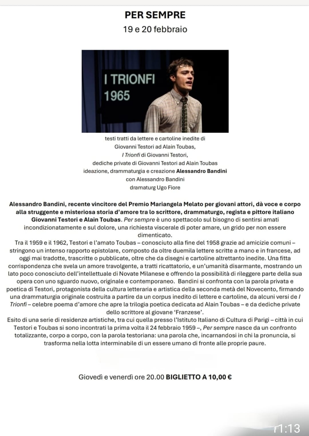 PER SEMPRE - di Alessandro Bandini 19-20 Febbraio TEATRO TORLONIA